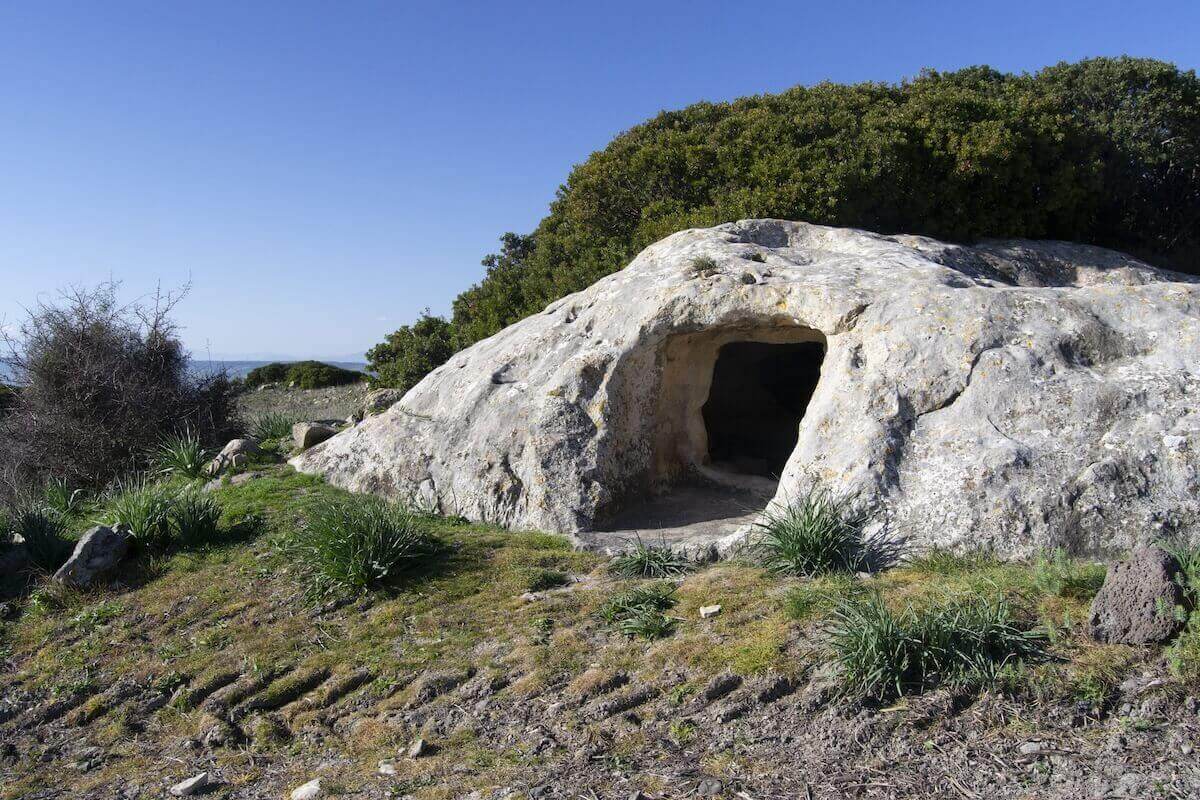 Ingresso di una Domus de Janas immersa nella vegetazione